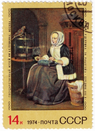 RUSSIA - CIRCA 1974 : stamp printed in Russia, shows drawing of Artist Gabriel Metsu Working Woman, Russia, circa 1974 のeditorial素材