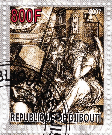 DJIBOUTI - CIRCA 2007  Stamp printed in Djibiouti shows pic of Albert Durer - Melancholia, circa 2007のeditorial素材