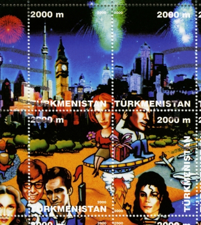 TURKMENISTAN - CIRCA 2000  stamp printed in Turkmenistan shows american stars Gillian Anderson  up L , David Duchovny  up R , Madonna  D L , Mike Myers, Chris Isaak, Michael Jackson  D R , circa 2000 のeditorial素材