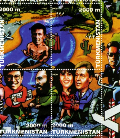 TURKMENISTAN - CIRCA 2000  stamp printed in Turkmenistan shows popular people  Jean Claude Van Damme   up L , Bill Gates  D L  Fidel Castro,  Bill Clinton, Monica Lewinsky, Arnold Schwarzenegger  D R , circa 2000のeditorial素材