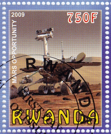 Rwanda - CIRCA 2009 : stamp printed in Rwanda show NASA station in Mars opportunity space mission, circa 2009のeditorial素材