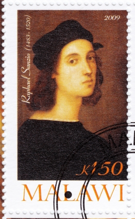 MALAWI - CIRCA 2009: stamp printed in Malawi showing Raphael (Raffaello Sanzio da Urbino) Italian painter and architect of the High Renaissance, circa 2009のeditorial素材