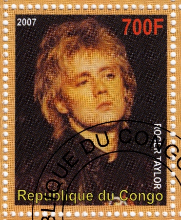 CONGO - CIRCA 2007 : stamp printed in Congo with Roger Taylor from music group Queen, circa 2007のeditorial素材
