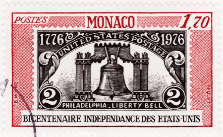 MONACO - CIRCA 1976  stamp printed in Monaco shows image of the Liberty Bell in Philadelphia, series, circa 1976のeditorial素材