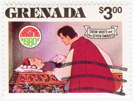 GRENADA - CIRCA 1980   stamp printed in Grenada shows Snow White and The Seven Dwarfs cartoon at Christmas, circa 1980のeditorial素材