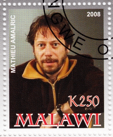 MALAWI - CIRCA 2008  stamp printed in Malawi showing Mathieu Amalric  is a three-time Cesar Award winning French actor and film director, circa 2008のeditorial素材
