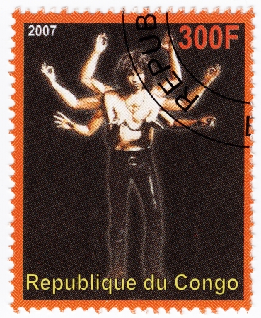 Congo - CIRCA 2007   Stamp printed in Congo with American singer, songwriter, poet, writer and filmmaker Jim Morrison, leader Doors group, circa 2007のeditorial素材