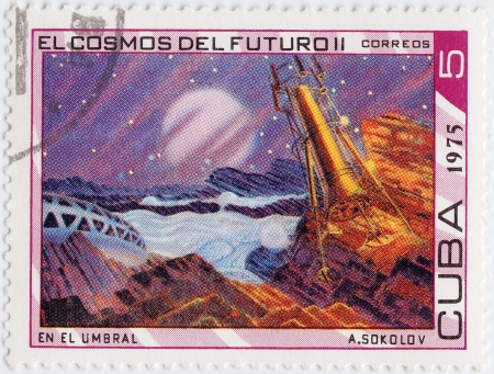 CUBA - CIRCA 1975 : stamp printed in Cuba is paint of russian astronaut Andrew Sokolov, with space station explorer aliens planet, circa 1975 のeditorial素材