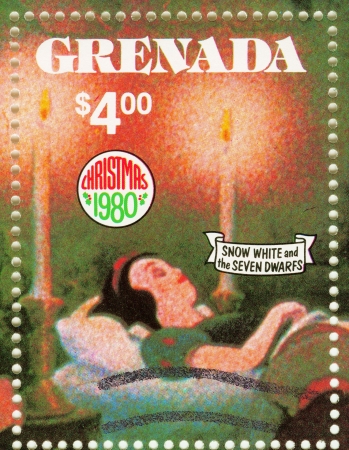 GRENADA - CIRCA 1980 : stamp printed in Grenada shows Snow White and The Seven Dwarfs cartoon at Christmas, circa 1980のeditorial素材