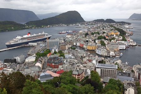 erial view from the mountain Aksla at the Alesund  Alesund is know as the Art Deco city of Norway due to itの写真素材