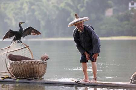 YANGSHUO - JUNE 18: Chinese man fishing with cormorants birds in Yangshuo, Guangxi region, traditional fishing use trained cormorants to fish, June 18, 2012 Yangshuo in Guangxi, Chinaのeditorial素材