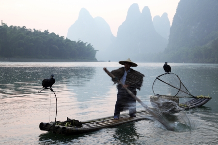 YANGSHUO - JUNE 18: Chinese man fishing with cormorants birds in Yangshuo, Guangxi region, traditional fishing use trained cormorants to fish, June 18, 2012 Yangshuo in Guangxi, Chinaのeditorial素材