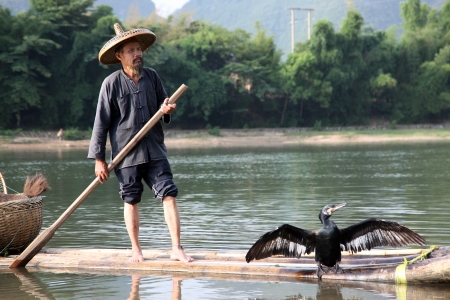 YANGSHUO - JUNE 18: Chinese man fishing with cormorants birds in Yangshuo, Guangxi region, traditional fishing use trained cormorants to fish, June 18, 2012 Yangshuo in Guangxi, Chinaのeditorial素材