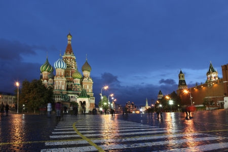 Intercession Cathedral St. Basil's and Kremlin Wall on Red square, Moscow, Russiaの写真素材