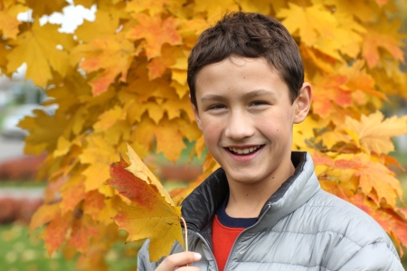 boy holding a maple leaf in fallingの写真素材