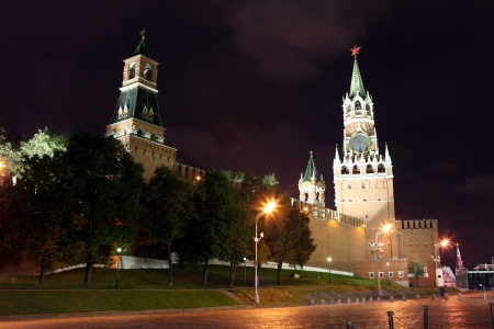 Spasskya, Tsarskaya and Nabatnaya Towers of Moscow Kremlin at Red Square in Moscow, Russiaの写真素材