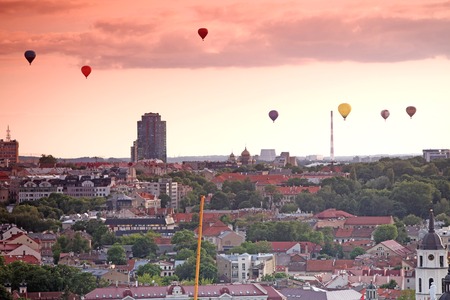 The main view of Vilnius Old town from its hills with air balloons, Lithuaniaの写真素材