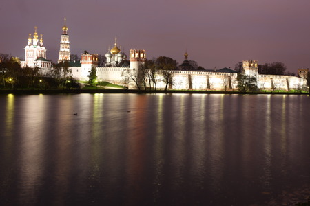 Beautiful night view of Russian orthodox churches in Novodevichy Convent monastery, Moscow, Russia, UNESCO world heritage siteのeditorial素材