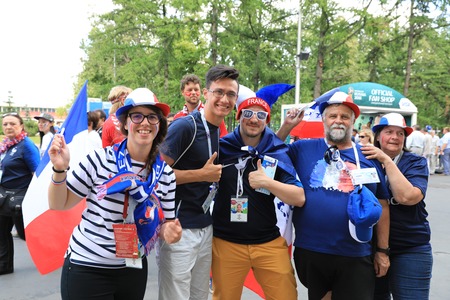 MOSCOW, RUSSIA - June 26, 2018: French and Denmark fans celebrating during the World Cup Group C game between France and Denmark at Luzhniki Stadiumのeditorial素材
