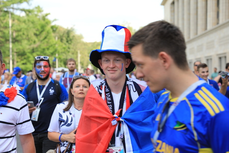 MOSCOW, RUSSIA - June 26, 2018: French and Denmark fans celebrating during the World Cup Group C game between France and Denmark at Luzhniki Stadiumのeditorial素材