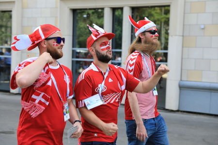 MOSCOW, RUSSIA - June 26, 2018: French and Denmark fans celebrating during the World Cup Group C game between France and Denmark at Luzhniki Stadiumのeditorial素材