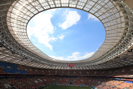 MOSCOW, RUSSIA - June 26, 2018: French and Denmark fans celebrating during the World Cup Group C game between France and Denmark at Luzhniki Stadiumのeditorial素材