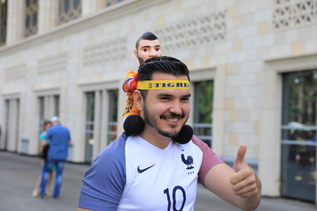 MOSCOW, RUSSIA - June 26, 2018: French and Denmark fans celebrating during the World Cup Group C game between France and Denmark at Luzhniki Stadiumのeditorial素材