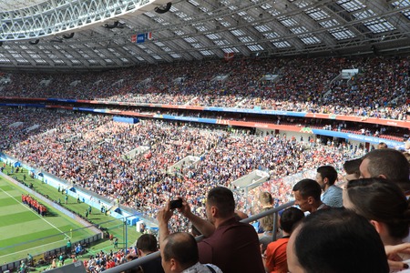 MOSCOW, RUSSIA - June 26, 2018: French and Denmark fans celebrating during the World Cup Group C game between France and Denmark at Luzhniki Stadiumのeditorial素材