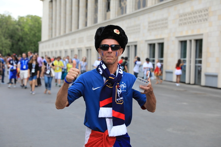 MOSCOW, RUSSIA - June 26, 2018: French and Denmark fans celebrating during the World Cup Group C game between France and Denmark at Luzhniki Stadiumのeditorial素材