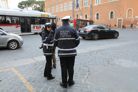 ROME - JAN 3: Rome police control the street in Rome the 3 January 2019, Italy. Rome is one of the most populated metropolitanareas in Europeのeditorial素材