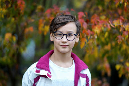 The happy boy outdoors in autumnの写真素材