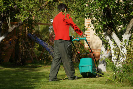 Boy mowing the lawn with lawnmowerの写真素材