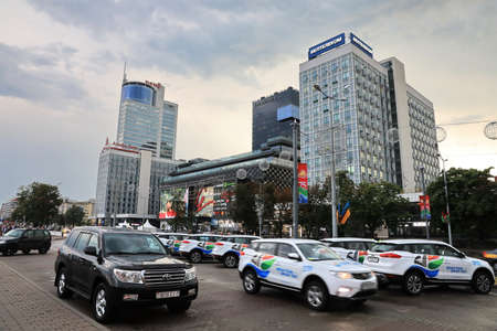 MINSK - JUN 26: Minsk night street life the 26 June 2019, Belarus. Minsk is one of the most biggest metropolitanareas in Europeのeditorial素材