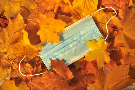 A medical mask for protection against viruses, lies on yellow, fallen leavesの写真素材