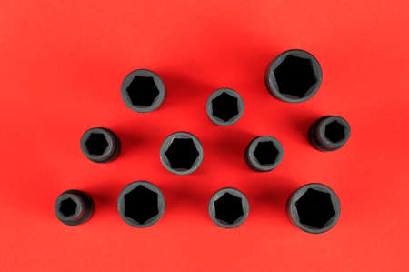 Set of hexagonal socket. Metal wrench sockets