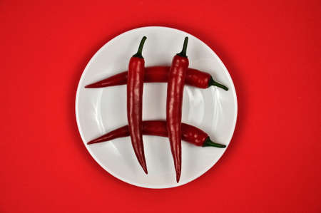 Red hot Chili peppers on a white plate.の写真素材