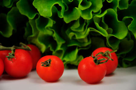 Green Lettuce leaves and Cherry Tomatoes.の写真素材