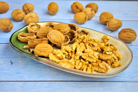 Peeled Walnuts on a plateの写真素材
