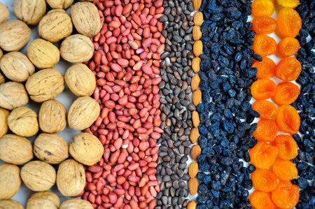 Various nuts and dried fruits. Health food.の写真素材
