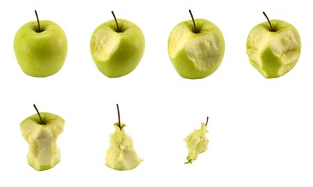 An apple in seven stages of eating process, isolated on white. Can be used as progress bar...