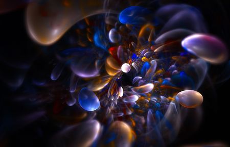 Colorful bubbles swirl on black background - abstract 3d rendering