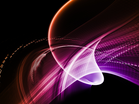 Abstract background element. Fractal graphics series. Three-dimensional composition of intersecting grids and motion blur. Red and violet colors on black.の写真素材