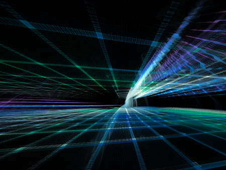 Abstract background element. Three-dimensional composition of wave shapes, grids and beams. Electronics and media concept. Blue and black colors.の写真素材