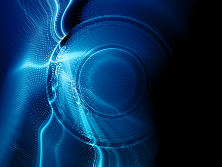 Abstract background element. Fractal graphics. Composition of curves and mosaic halftone effects. Blue and black colors.の写真素材