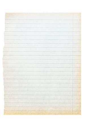 Vintage time-yellow lined sheet of paper torn from an old notebook. Isolated on a white background. Isolated on a transparent background.の写真素材