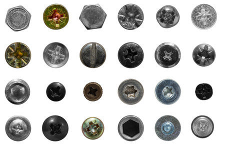 Overhead view of a neatly arranged collection of assorted screws and bolts, displaying a variety of shapes and sizes, against transparent background.の写真素材