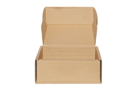 Open plain brown cardboard box with flaps, perfect for packaging, shipping, or storage, isolated on a transparent background.の写真素材