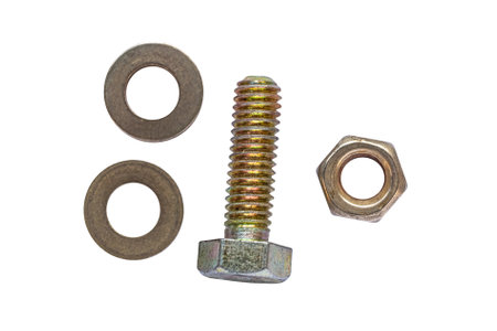 Close-up of a bolt with two washers and a nut isolated on a clear background, showcasing hardware details.の写真素材