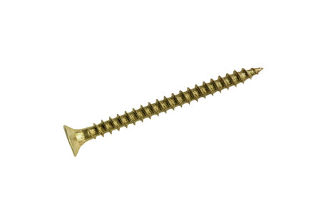 Close-Up of a Single Gold-Colored Wood Screw Isolated on White Backgroundの写真素材