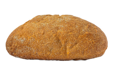 Oval loaf of freshly baked bread, sprinkled with whole wheat flour, isolated on white background. Isolatedの写真素材